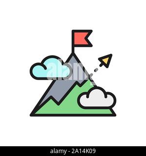 Vector mountain with arrow, mount, hill, target, goal flat color line icon. Stock Vector