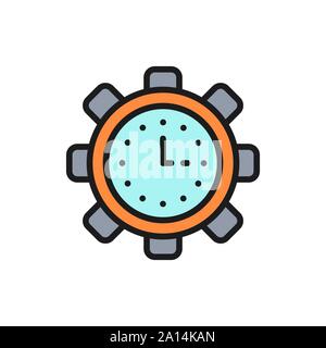 Vector clock in gear, tech watch, efficiency, management flat color line icon. Stock Vector