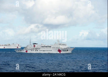 People's Liberation Army (Navy) hospital ship Peace Ark and U.S. Navy hospital ship USNS Mercy. Stock Photo