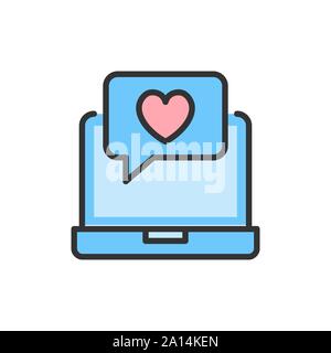 Vector laptop with heart bubble, love chat, positive feedback color line icon. Stock Vector