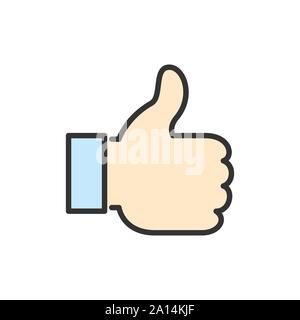 Vector thumb up, like, positive feedback flat color line icon. Stock Vector