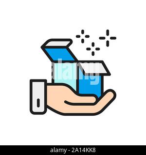 Vector hand hold box, delivery, gift, parcel flat color line icon. Stock Vector