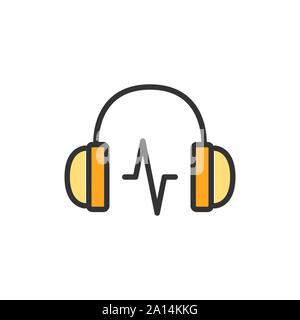 Vector headphone with sound wave flat color line icon. Stock Vector