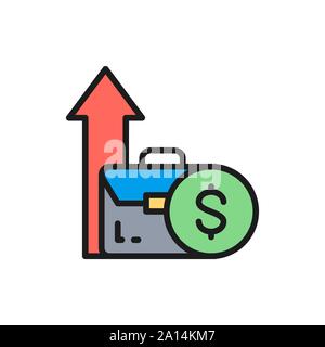 Vector coin and growing arrow out of bag, income increase flat color line icon. Stock Vector