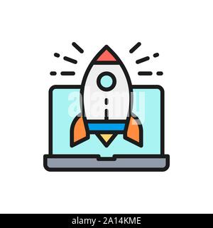 Vector rocket launch from laptop, startup flat color line icon. Stock Vector