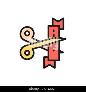 Vector ribbon cut with scissors, opening ceremony flat color line icon. Stock Vector