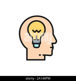 Vector head with lamp, idea generation, brain process flat color line icon. Stock Vector