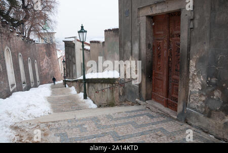 Prague, Czech Republic - January 22 2010: Old door and construction by the stairs of Castle of Prague Stock Photo