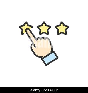 Vector finger point to stars, customer review, rating, feedback color line icon. Stock Vector