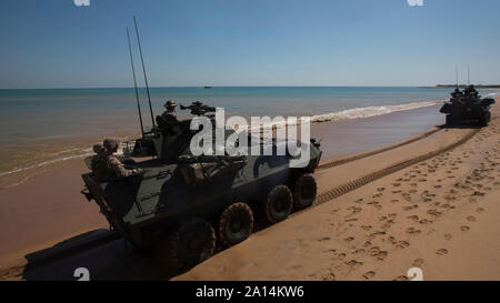 U.S. Marines in LAV-25 Light Armored Vehicles drive along the shore at Fog Bay, Australia. Stock Photo