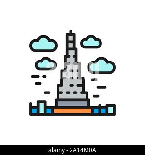 Vector Burj Khalifa, United Arab Emirates, landmark flat color line icon. Stock Vector