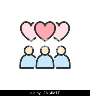 Vector people with heart bubbles, love chat flat color line icon. Stock Vector