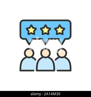 Vector people with star bubbles, rating, feedback, reputation color line icon. Stock Vector