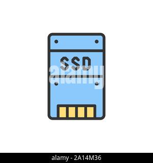 Vector solid state drive, SSD, storage disk flat color line icon. Stock Vector