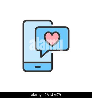 Vector phone with heart bubble, love chat, like message flat color line icon. Stock Vector