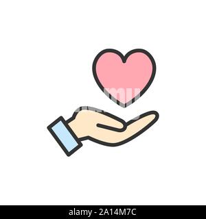 Vector hand holds heart, care, kindness charity, donation flat color line icon. Stock Vector