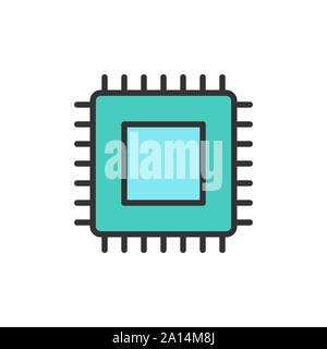 Vector CPU microprocessor, computer chip flat color line icon. Stock Vector