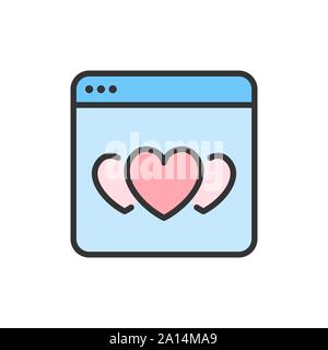 Vector hearts in browser, favorite website, positive feedback color line icon. Stock Vector
