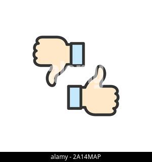 Vector like, dislike, thumbs up and down, feedback flat color line icon. Stock Vector