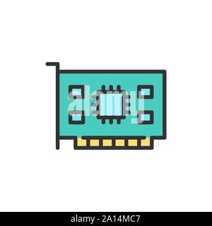 Vector computer video card flat color line icon. Stock Vector