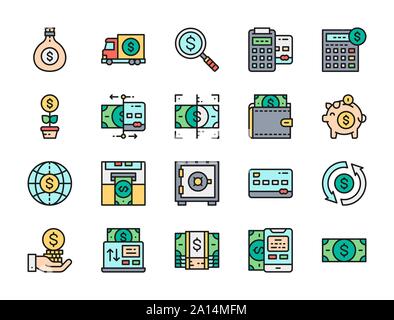 Set of Banking Flat Color Line Icons. Credit Card, Dollar, Payments and more. Stock Vector