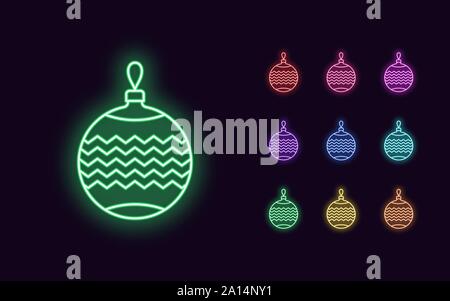 Neon Ball toy, Christmas and New Year decoration. Colorful festive Set of Neon Christmas ball with pattern, outline style. Glowing icon, sign and symb Stock Vector