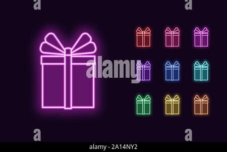 Neon Gift Box, Christmas and New Year decoration. Colorful festive Set of Neon Gift with bow, outline style. Glowing icon, sign and symbol for Holiday Stock Vector
