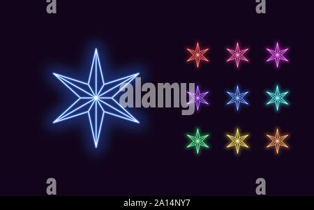 Neon Star with 6 ray, Christmas and New Year decoration. Colorful festive Set of Neon Stars, outline style. Glowing icon, sign and symbol for Holiday Stock Vector