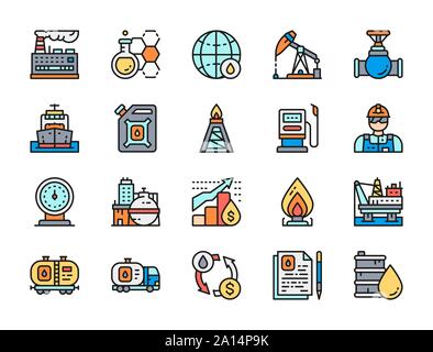 Set of Oil Industry Flat Color Line Icons. Fuel Truck, Petroleum Wagon and more. Stock Vector