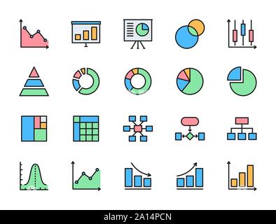 Set of Graph and Chart Flat Color Icons. Pie Chart, Presentation and more. Stock Vector
