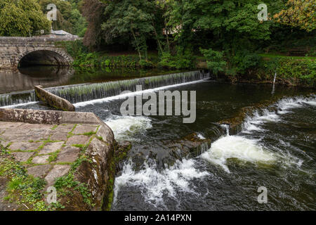 Weir and bridge on the River Tavy at Tavistock, Devon Stock Photo