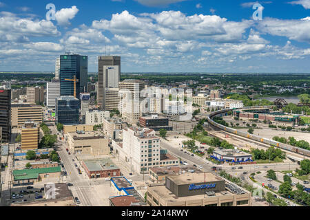 The downtown city skyline from the Prairie 360 restaurant in Winnipeg, Manitoba, Canada. Stock Photo