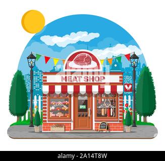 Vintage butcher shop store facade with storefront. Stock Vector