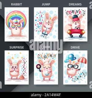 Cute animals illustration - set rabbit cartoon Stock Vector