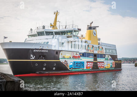 the colorful ferry from Ærø arriving at the port of Svendborg, Denmark, July 13, 2019 Stock Photo