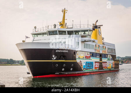 the colorful ferry from Aero arriving at the port of Svendborg, Denmark, July 13, 2019 Stock Photo