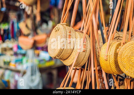 Typical souvenirs and handicrafts of Bali at the famous Ubud Market Stock Photo