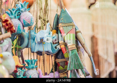 Typical souvenirs and handicrafts of Bali at the famous Ubud Market Stock Photo