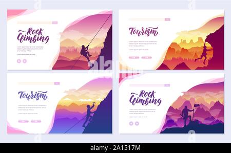 climber climbs the mountain brochure cards set. Extreme lifestyle of rock climbers template of flyear, web banner, ui header, enter site. Tourist hiking layout modern slider Stock Vector