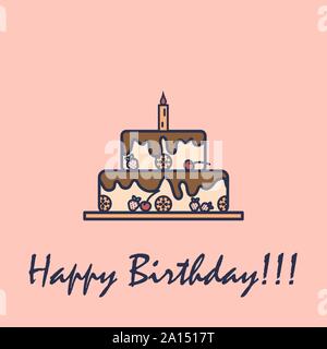 Birthday cake with one candle and text - happy birthday in flat design. Stock Vector