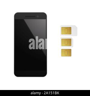 SIM cards with mobile phone. Vector illustration. Mobile networks and telecommunications. Stock Vector