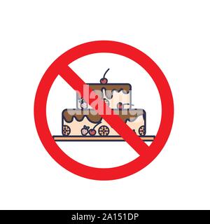 Cake in flat design in prohibition sign on white background. Healthy food concept. Stock Vector