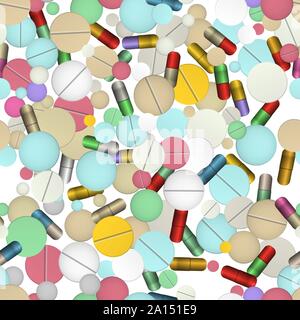 Tablets and vitamins. Vector illustration. Healthcare and medicine. Seamless pattern background. Stock Vector