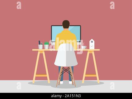 Man working on computer in modern style workplace. Vector illustration Stock Vector