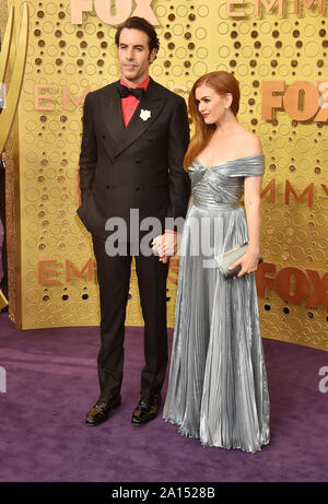 LOS ANGELES, CA - SEPTEMBER 22: Sacha Baron Cohen and Isla Fisher attend the 71st Emmy Awards at Microsoft Theater on September 22, 2019 in Los Angeles, California. Stock Photo