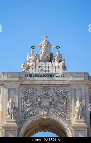 Close-up of the 18th century Arco da Rua Augusta, triumphal arch gateway, in Baixa district in Lisbon, Portugal, on a sunny day. Stock Photo