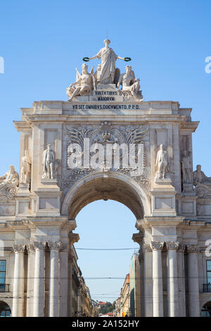 The 18th century Arco da Rua Augusta, triumphal arch gateway, in Baixa district in Lisbon, Portugal, on a sunny day. Stock Photo