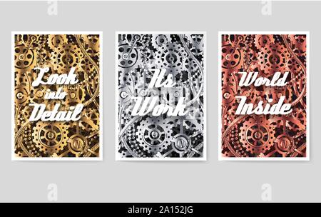 Set of mechanical vector posters for you design with typographic motivation slogan text. Tamplate for print, mobile, wallpaper or web Stock Vector