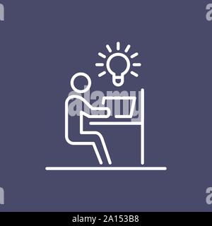 Man working on laptop with idea bulb business people icon simple line flat illustration. Stock Vector