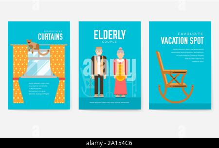 Grannys day brochure cards set. old character people template of flyear, magazine, poster, book cover, banners. grandmother and grandfather house invitation concept background. Layout modern Stock Vector